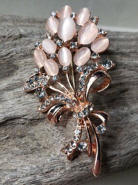 New Pink Thermoset Style Floral Bouquet Brooch Rhinestones Flower Ribbon Bow